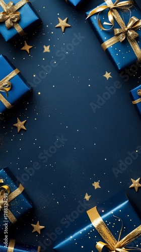 Colorful Blue Gift Boxes With Gold Ribbons and Stars Arranged on a Dark Backg...