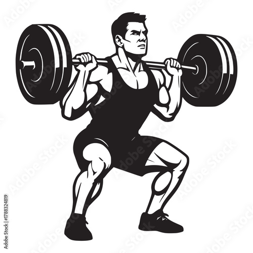 Powerful Weightlifter Illustration – Gym & Fitness Vector Art Bodybuilder Squat Pose Graphic – Strength Training Design
