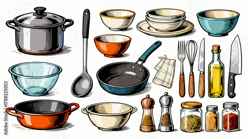 Kitchenware collection, cartoon hand-drawn vector illustrations, forks, spoons, bowls, chopsticks, POTS, basins, seasonings, microwave ovens, knives, stoves, ovens, aprons, gloves