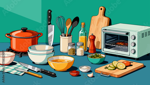 Kitchenware collection, cartoon hand-drawn vector illustrations, forks, spoons, bowls, chopsticks, POTS, basins, seasonings, microwave ovens, knives, stoves, ovens, aprons, gloves