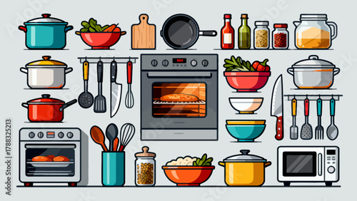 Kitchenware collection, cartoon hand-drawn vector illustrations, forks, spoons, bowls, chopsticks, POTS, basins, seasonings, microwave ovens, knives, stoves, ovens, aprons, gloves