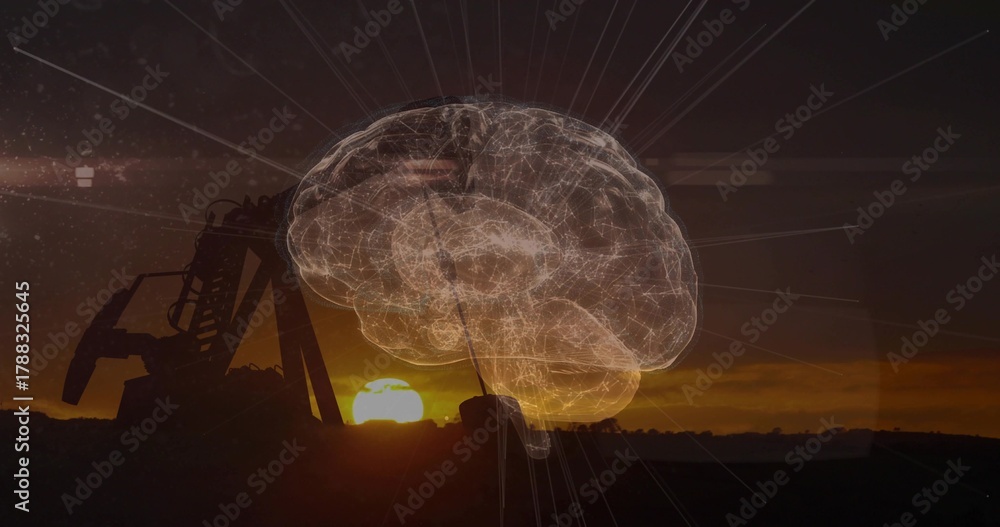 Obraz premium Glowing wireframe brain hologram hovering over plains near horizon aligned with sunset and pumpjack