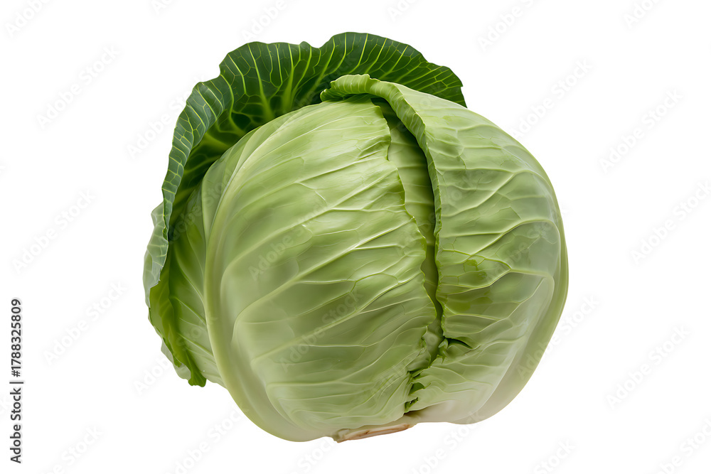Fototapeta premium Fresh green cabbage head isolated on black background for healthy eating and cooking