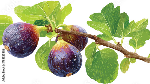 Fresh Ripe Fig Fruit Hanging on Tree Branch with Leaves Close-Up