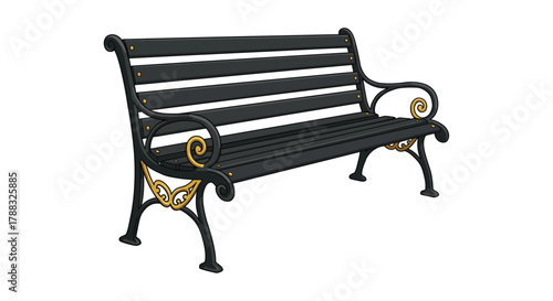 Elegant black park bench with ornate gold detailing isolated on a white background