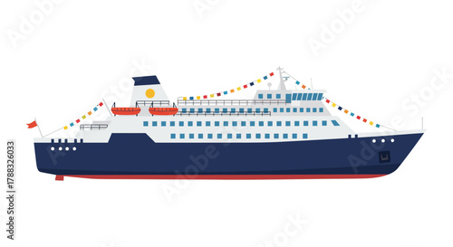 Festive cruise ship illustration with colorful decorations and a bright blue hull