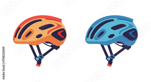 Two colorful climbing helmets orange and blue isolated on a white background