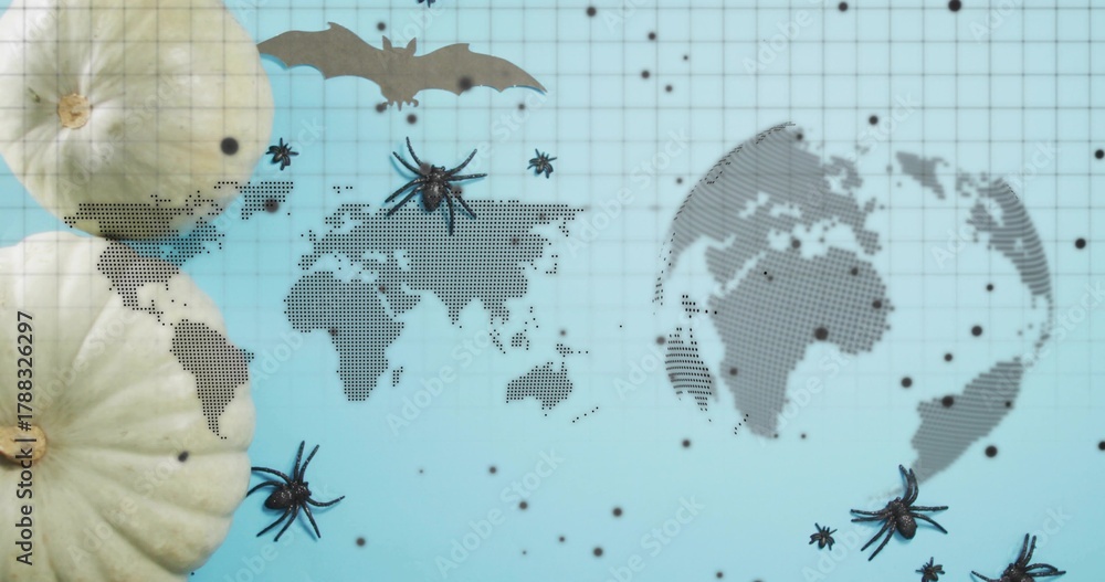 Fototapeta premium Featuring halftone map, dotted globe on grid sheet with two white pumpkins, black spiders, bat