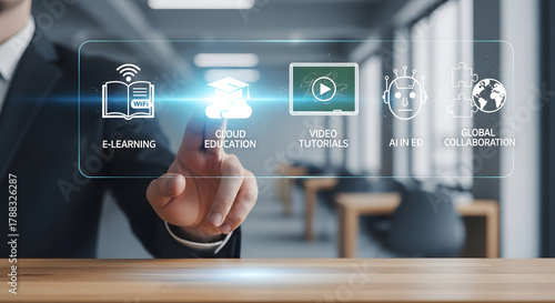 Realistic hand interacting with modern EdTech icons and digital interface elements. Ideal for online learning platforms, e-learning solutions, virtual classrooms, educational apps, training systems, a