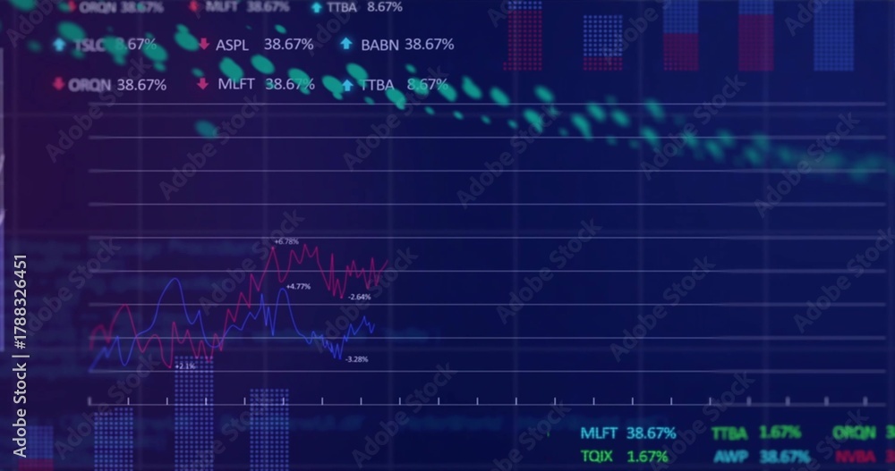 Fototapeta premium Displaying finance screen showing red blue trend lines with neon markers, grid, legend 38