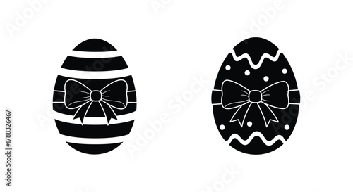 Two decorated easter eggs with bows a simple black and white illustration