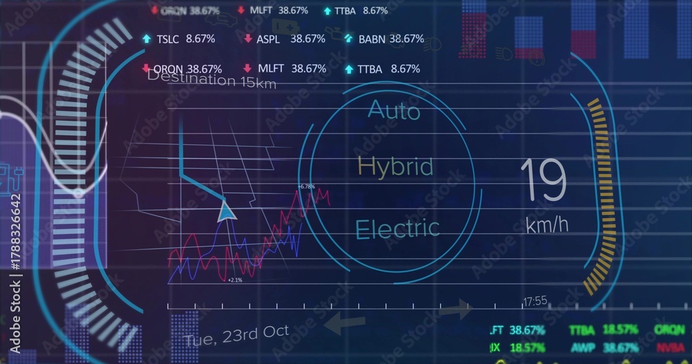 Fototapeta premium Displaying mode selector highlighting Auto Hybrid Electric in cockpit HUD, with 19 km or h gauge