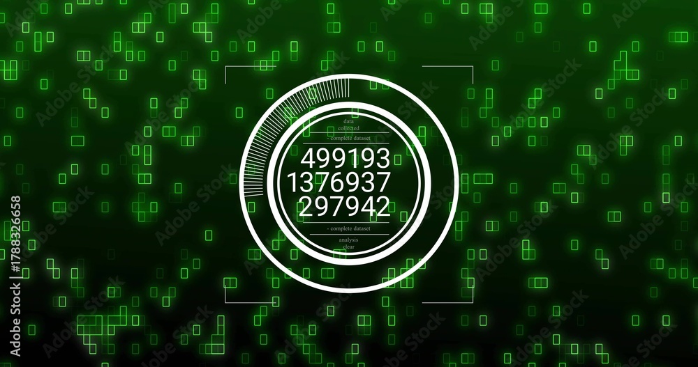 Naklejka premium Rotating central white ringed HUD showing stacked numeric readouts on digital UI neon-green grid