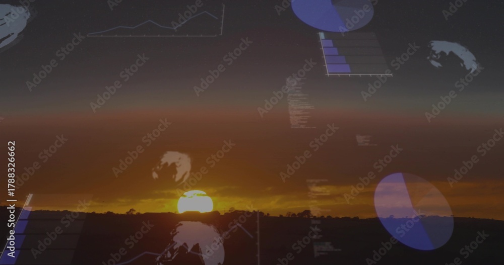 Obraz premium Glowing sun lowering near horizon over rural land, treeline with pie-chart overlays and line graphs