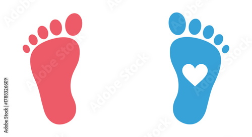 A pair of footprints one red and one blue with a heart shaped cutout