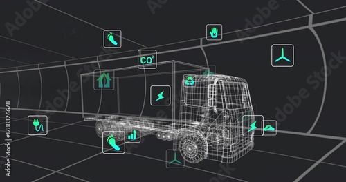 Displaying wireframe box truck floating inside virtual tunnel, showing grid floor, energy CO2 icons