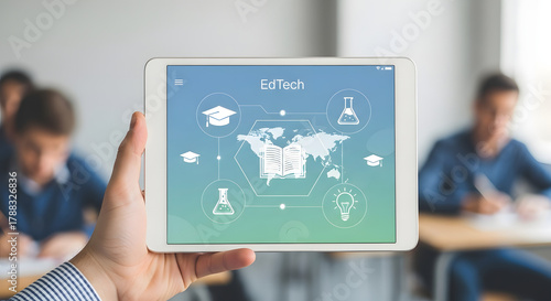 Realistic hand interacting with modern EdTech icons and digital interface elements. Ideal for online learning platforms, e-learning solutions, virtual classrooms, educational apps, training systems, a