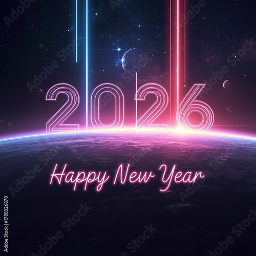 Happy New Year 2026 Celebration with Futuristic Neon Glow and Bright Starry Space