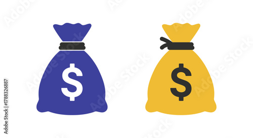Two money bags one blue and one gold displaying dollar signs