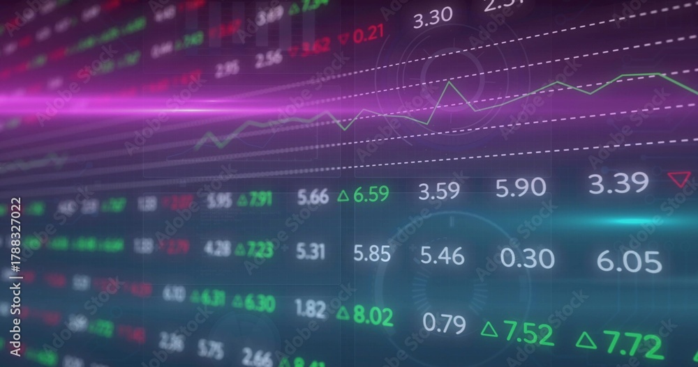 Fototapeta premium Displaying layered digital dashboard showing market data on-screen, with numeric tickers and HUD