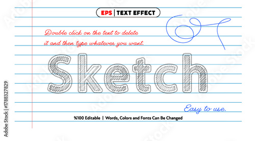 Sketch text effect editable vector design with pencil drawing style on lined paper background for creative projects and easy customization