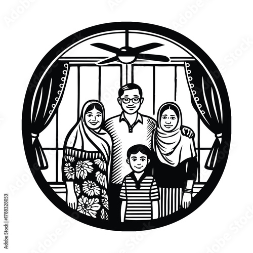 Warm portrait of a smiling  family with father and two children for a joyous family photo