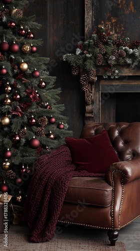 Cozy Living Room With a Christmas Tree and Elegant Decorations During the Fes...
