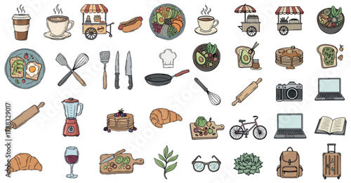 Collection of hand drawn illustrations featuring food drinks kitchenware travel items and outdoor elements for creative projects