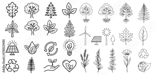 Collection of hand drawn black and white stylized trees and nature symbols in a grid layout for eco friendly design