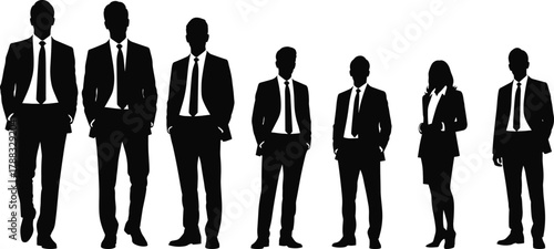 Silhouettes of diverse business professionals in formal attire standing together, representing teamwork, corporate culture, leadership, and workplace diversity.