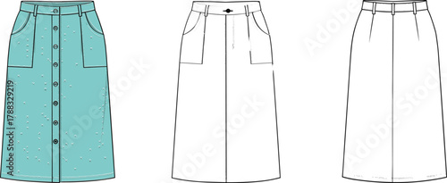 Skirt fashion sketch set with patch pockets, button front, darts, belt loops, technical front and back view garment illustration