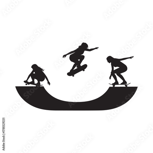 Silhouettes of skateboarders performing tricks on a halfpipe