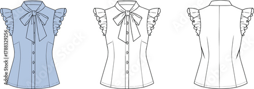 Sleeveless blouse fashion sketch with ruffle sleeves, bow tie collar, front and back technical view for garment design illustration