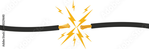 Vector illustration of severed wires with lightning discharge—cartoon concept for electrical hazard, short circuit, power failure, and danger.