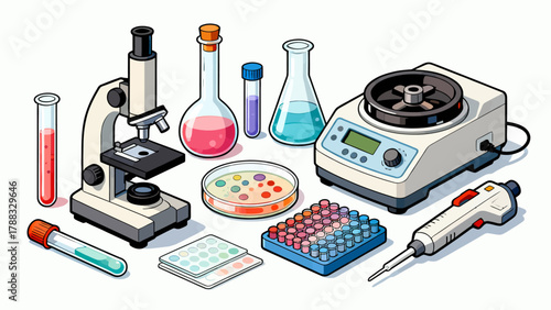 Laboratory items collection, cartoon hand-drawn vector illustrations, test bottles, vessels, microscopes, goggles, petri dishes, test tubes, measuring cups, measuring instruments