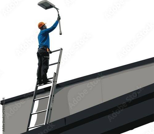 Worker on ladder fixing streetlight with safety helmet, outdoor maintenance, construction gear, urban utility repair vector illustration for stock use