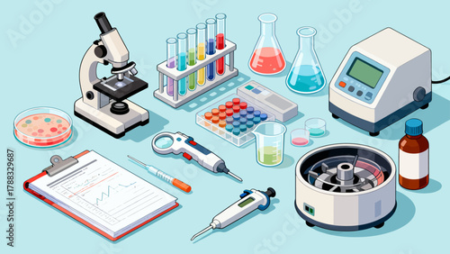 Laboratory items collection, cartoon hand-drawn vector illustrations, test bottles, vessels, microscopes, goggles, petri dishes, test tubes, measuring cups, measuring instruments
