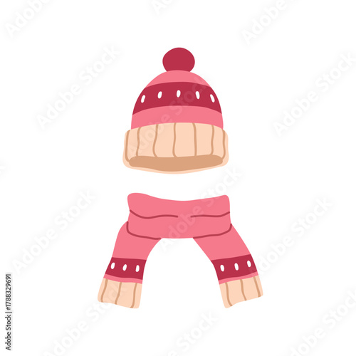 Wool beanie hat and woolen scarf. Knitted clothing, warm soft cap, head and neck wear. Cold winter accessories, apparel, knitwear with pattern. Flat vector illustration isolated on white background.