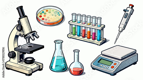 Laboratory items collection, cartoon hand-drawn vector illustrations, test bottles, vessels, microscopes, goggles, petri dishes, test tubes, measuring cups, measuring instruments