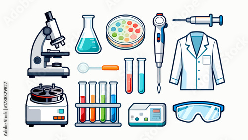 Laboratory items collection, cartoon hand-drawn vector illustrations, test bottles, vessels, microscopes, goggles, petri dishes, test tubes, measuring cups, measuring instruments