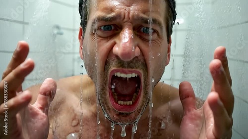 Man shouting under running shower water with intense expression inside a tiled bathroom, capturing raw emotion and dramatic wet conditions