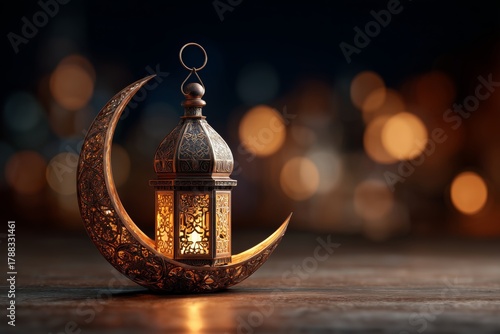 Decorative Lantern on Crescent Moon for Festive Ambiance During Night Celebra...