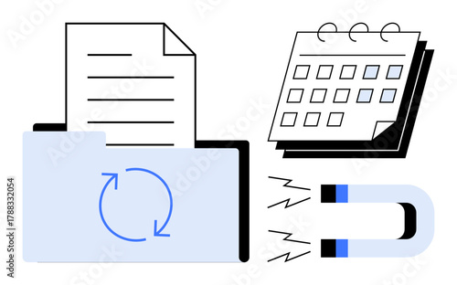 Document in file folder with a sync symbol, calendar, and magnet emitting waves. Ideal for data storage, organization, workflow, schedule, magnetism attraction data backup. Simple flat metaphor