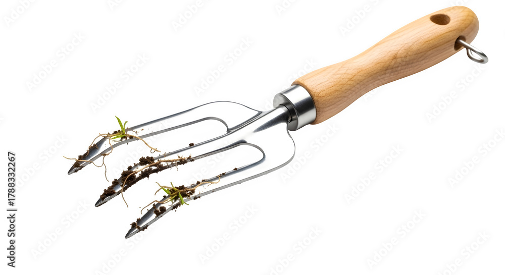 Fototapeta premium Gardening hand fork with soil and roots