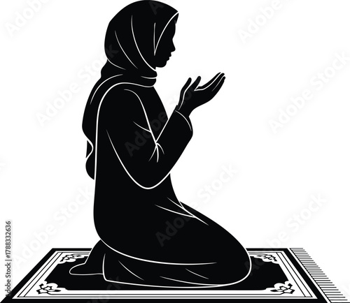 Silhouette Muslim Woman Praying Illustration on Carpet, Religious and Spiritual Islamic Faith, Traditional Dress Hijab