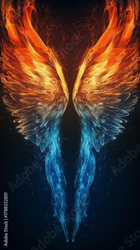 Fiery and Cool Angel Wings Blending Colors in a Captivating Abstract Design