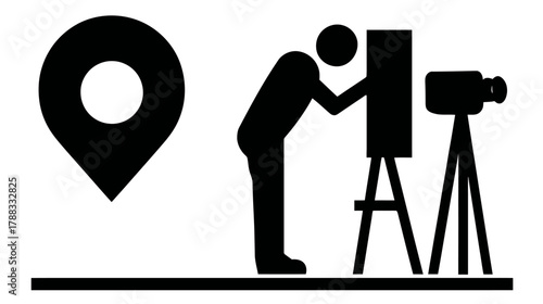 Photographer taking photo with classic large format camera on tripod next to location pin icon for travel and discovery