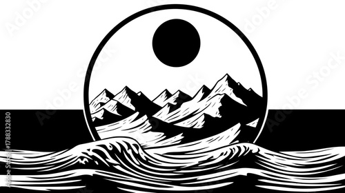 Monochromatic graphic illustration of mountain peaks and ocean waves with a celestial body in a circular frame, abstract woodcut style.