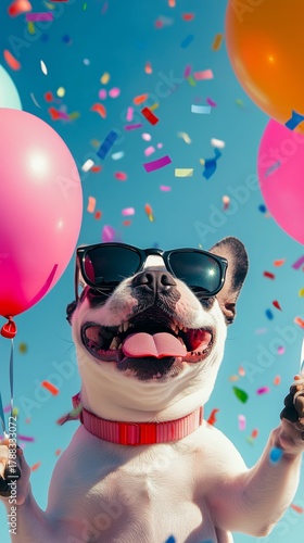 Happy Dog Wearing Sunglasses Surrounded by Colorful Balloons at a Festive Out...
