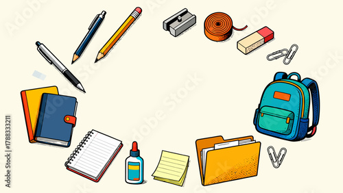 A collection of school supplies, cartoon hand-drawn vector illustrations, rulers, erasers, pencils, books, schoolbags, compasses, pencil sharpeners, pens, scissors